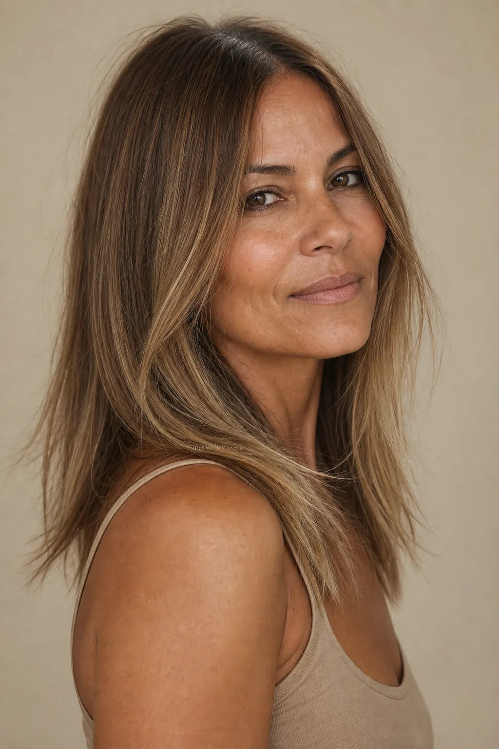 Grown-out lob heading long with blunt full ends on fine hair