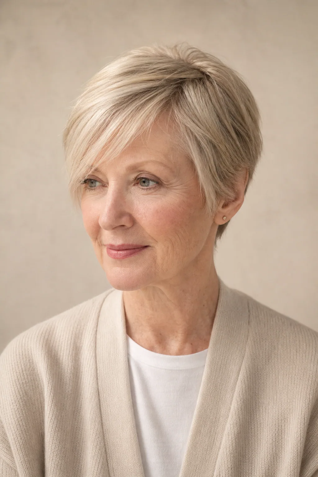 Grown-out pixie with a long side-swept fringe on fine blond hair over 60