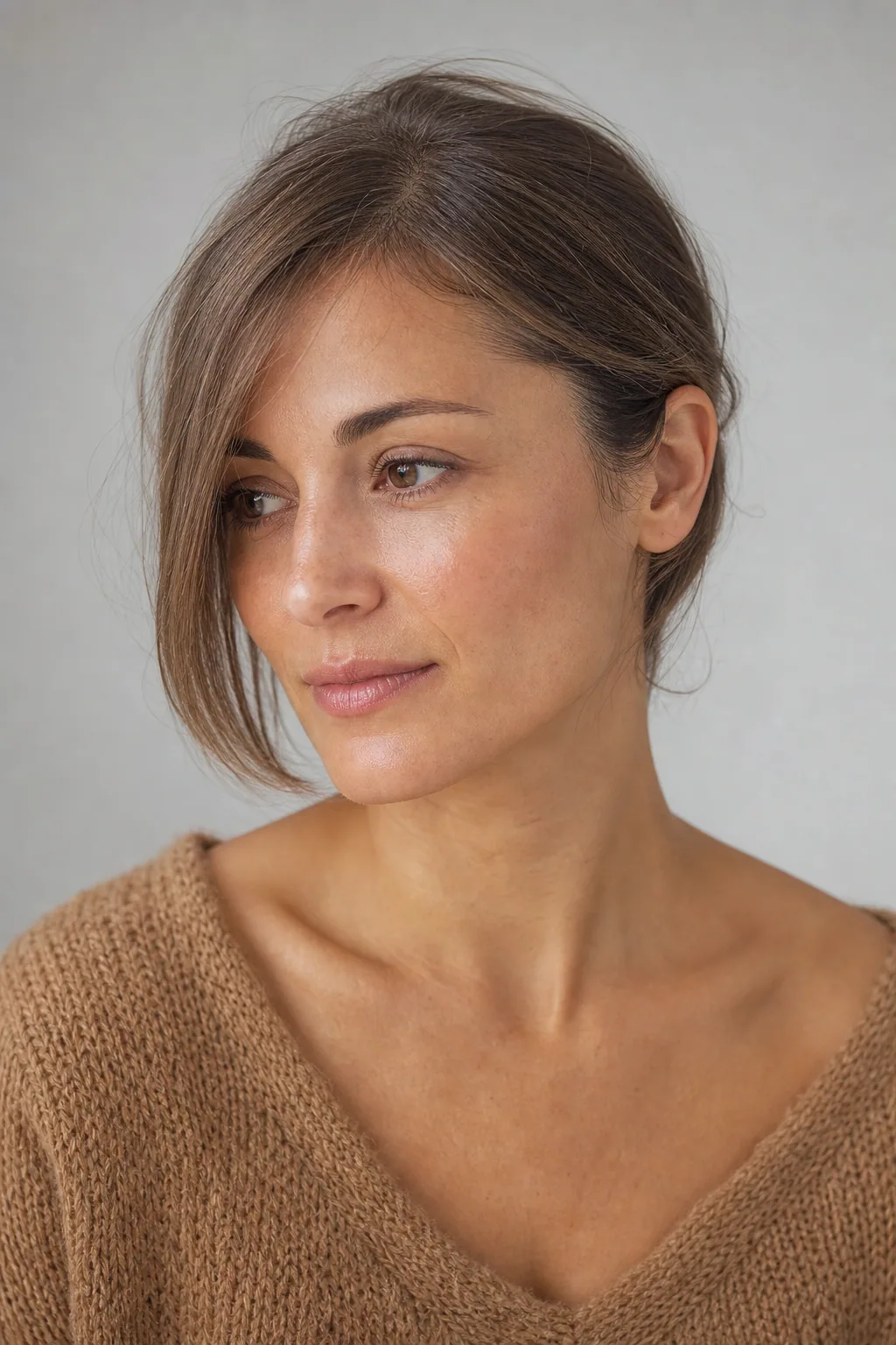 Grown-out side-swept fringe at jaw length tucked behind one ear on fine hair, natural everyday styling