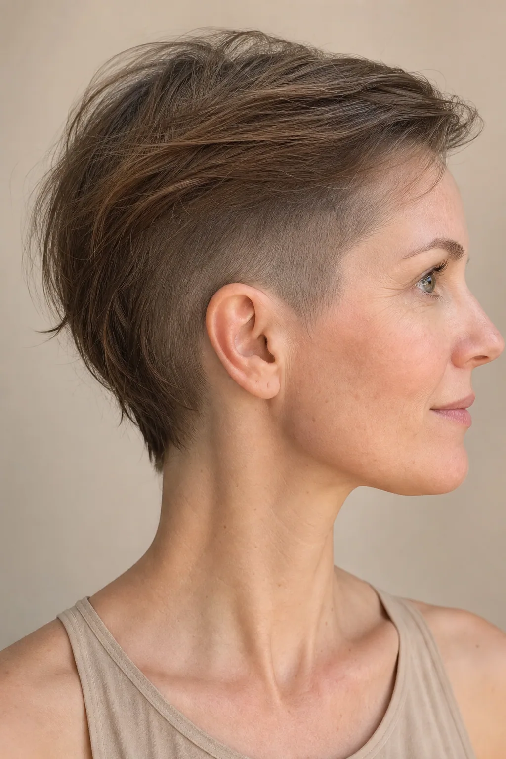 Grown-out undercut at around three quarters of an inch blending into longer top, fine hair, transitional stage
