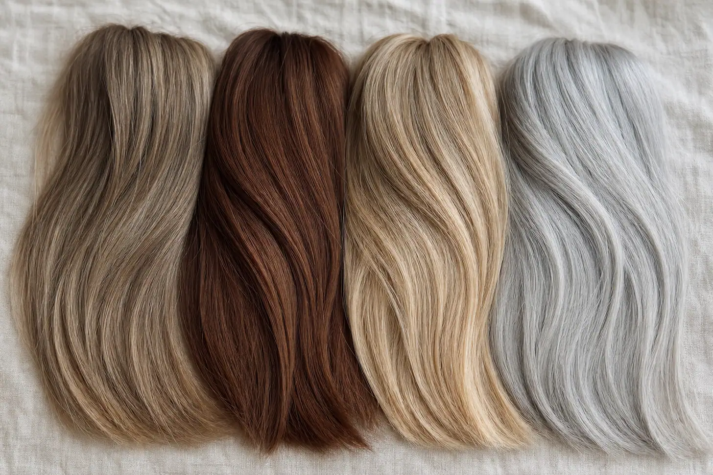 Four fine-hair colour swatches side by side: bronde, caramel chestnut, sandy blonde and blended silver