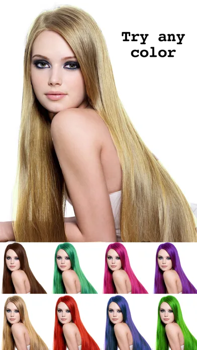Hair Color Lab store image of long blonde hair with a grid of the same photo recolored brown, green, pink, purple, red and blue
