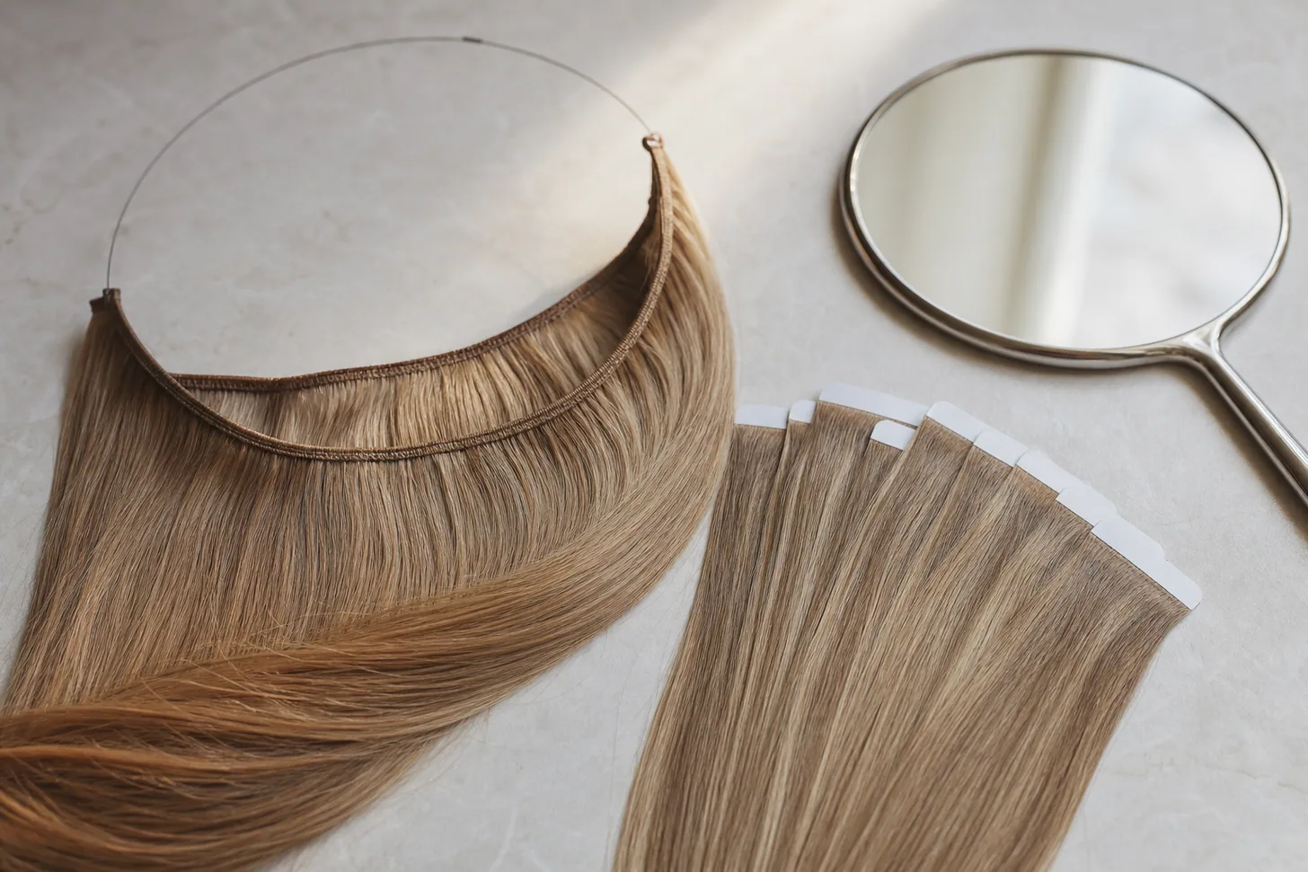 A halo wire extension and a set of tape-in wefts laid flat side by side on a pale surface beside a hand mirror, natural daylight, no model