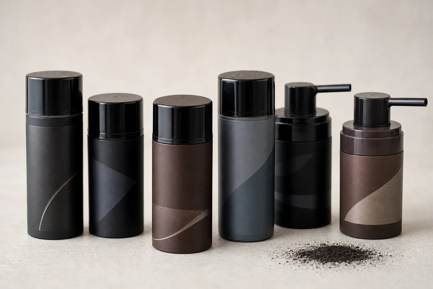 Six unbranded hair building fibre bottles with shaker and pump caps grouped on a pale surface