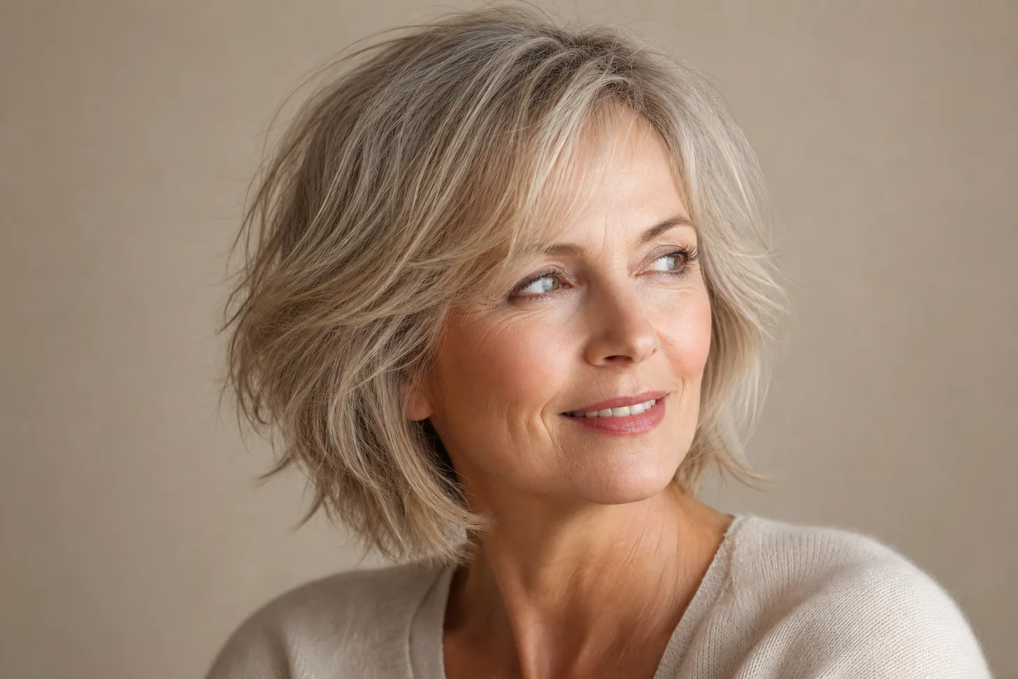 Editorial portrait of a woman with fine hair styled with soft natural body