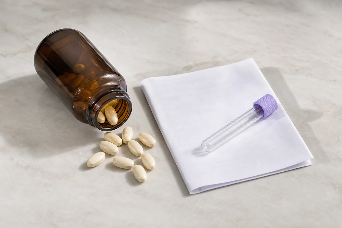 Hair growth supplement capsules beside a blood test request form on a pale surface