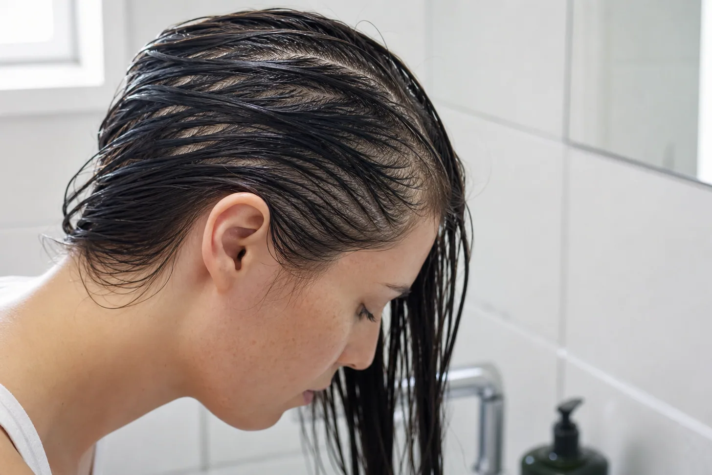 Fine wet hair clumped into separated strands lying flat, showing why wet hair looks thinner