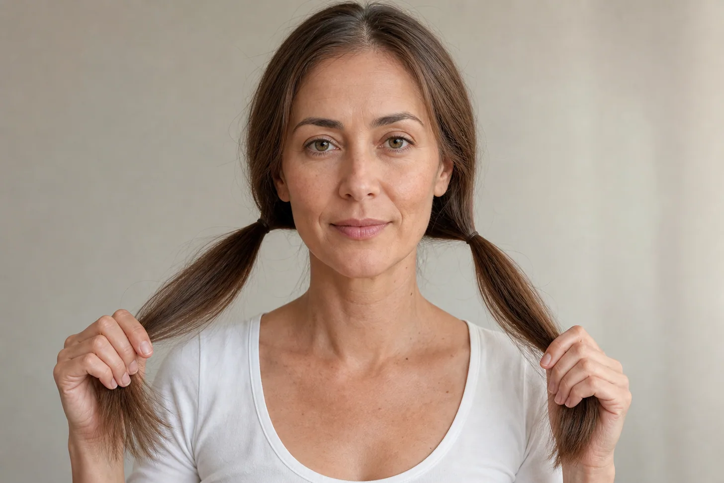 A woman comparing two low ponytails, one gathered from each side of a central part