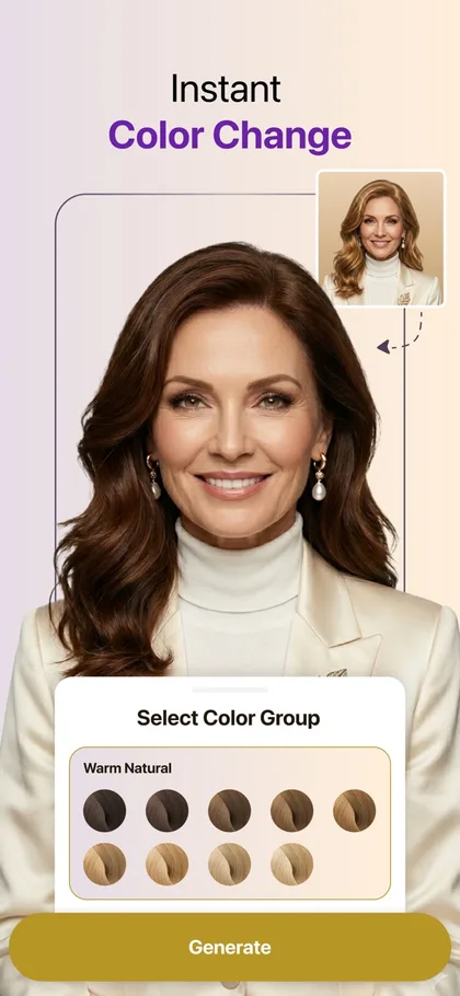 HairHunt app screen showing a Warm Natural color group of brown and blonde swatches with a Generate button