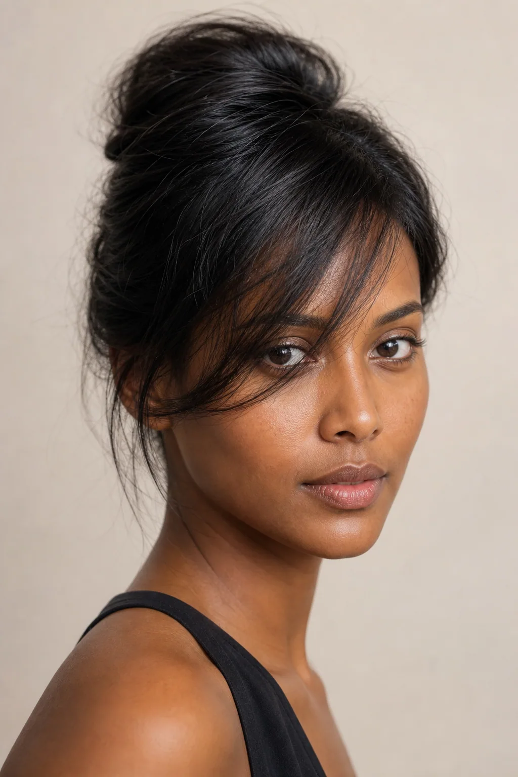 Half-up style on fine hair with the side-swept fringe left loose across the forehead, soft crown height