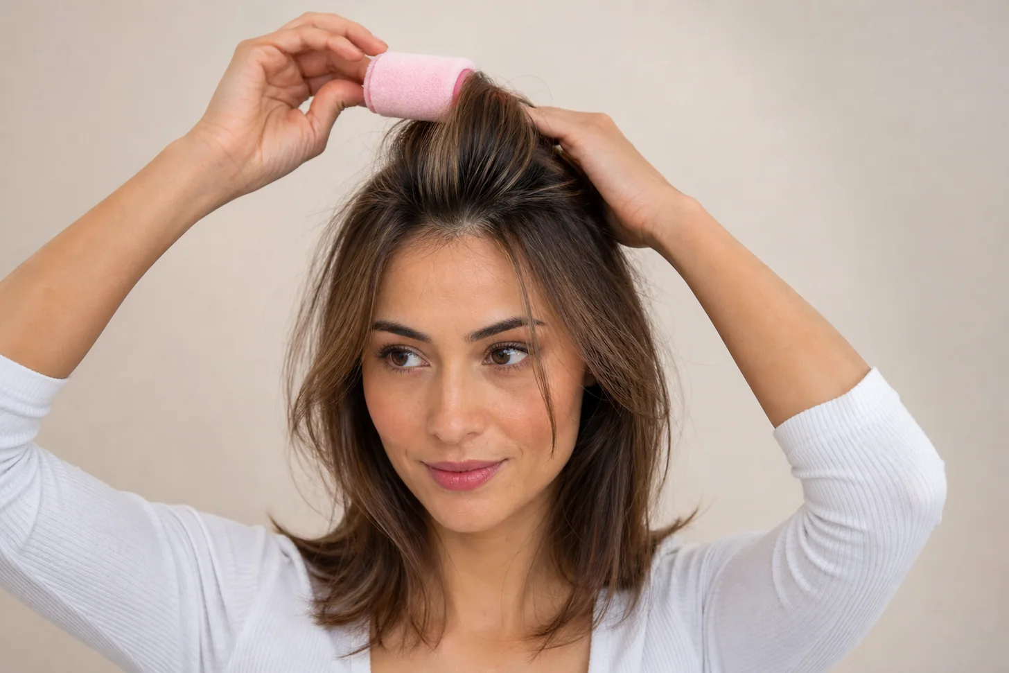 Fine hair set on velcro rollers for heatless volume