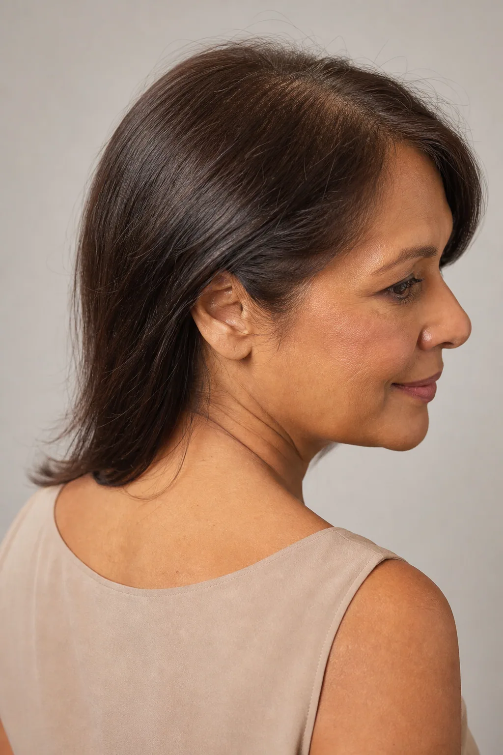 Fine hair with weight removed from a hidden section behind the ear, hair falling smoothly over it, rear three-quarter view