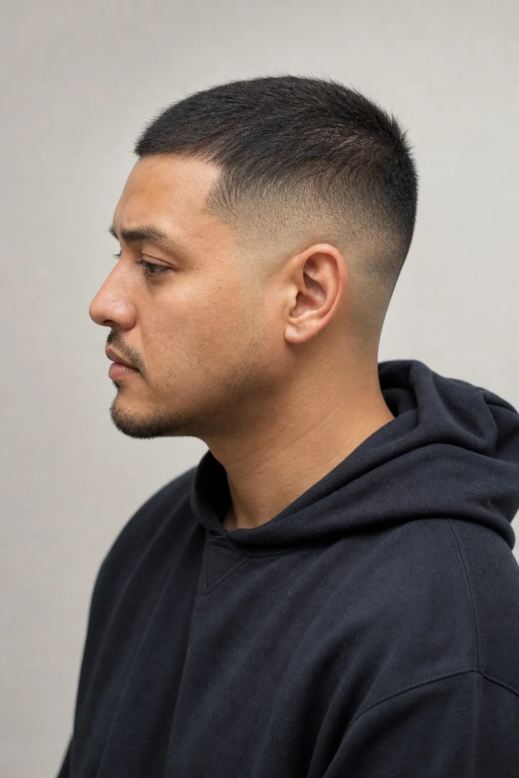 High skin fade with a short buzzed top on fine, thin hair