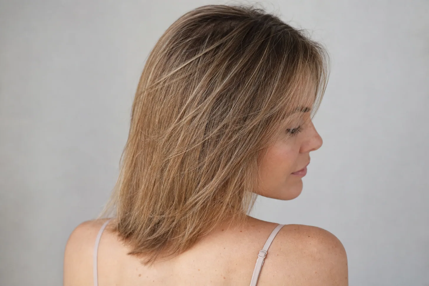 Fine light-brown hair with closely woven babylights and a soft root shadow, seen from behind