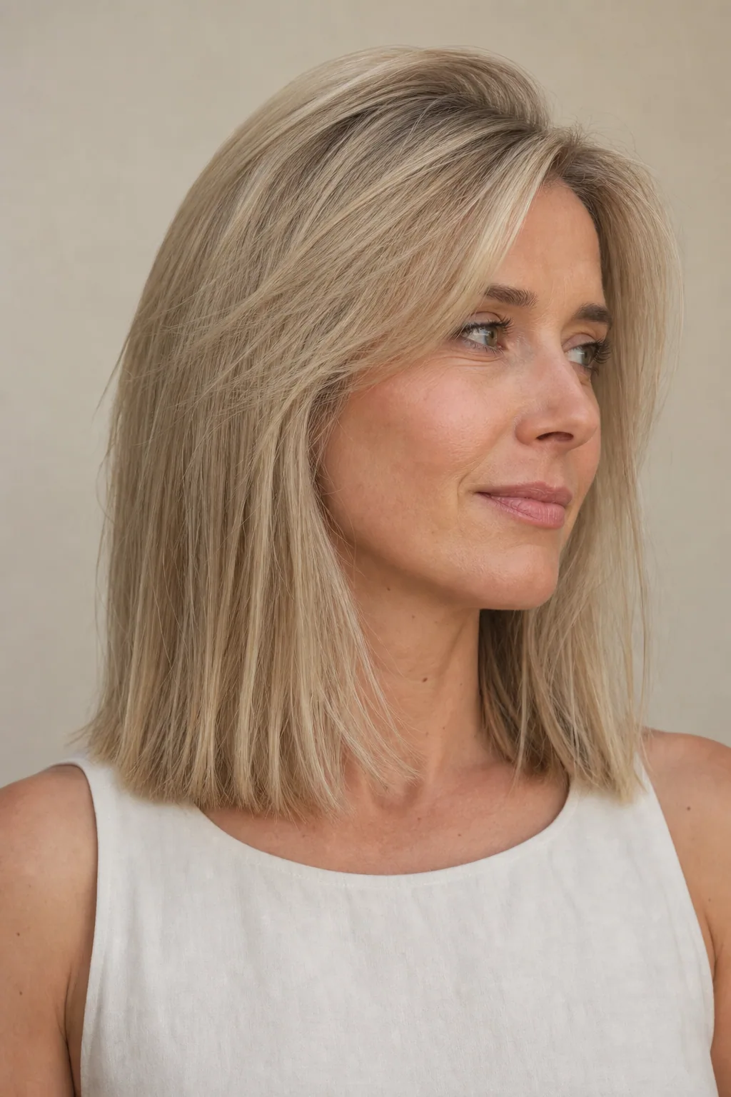 Collarbone lob with soft internal point-cut layers and broad crown lift on fine ash-blonde hair, woman with an oval face