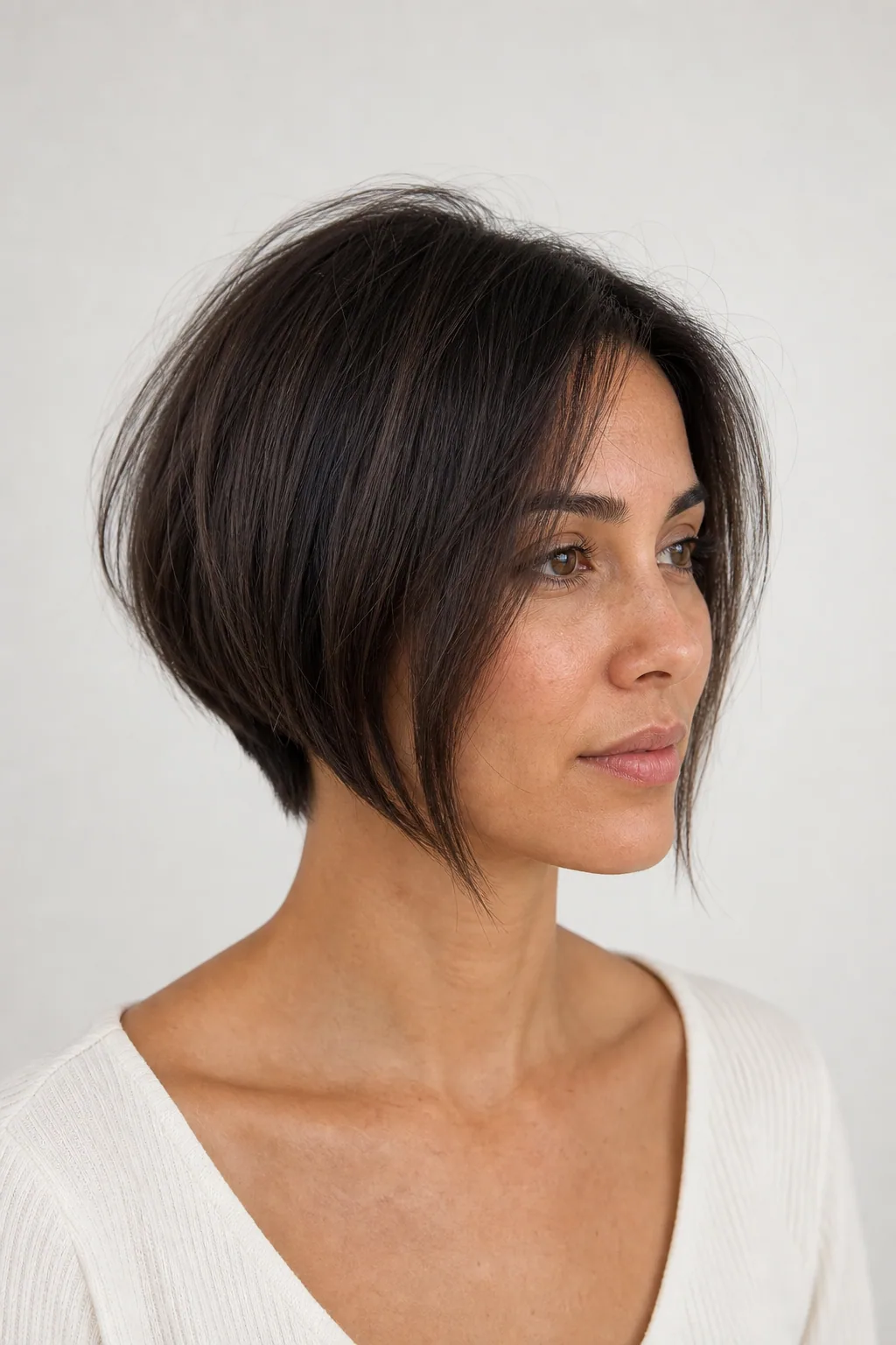 Inverted bob with a short stacked back angling to a longer jaw-framing front on fine straight hair