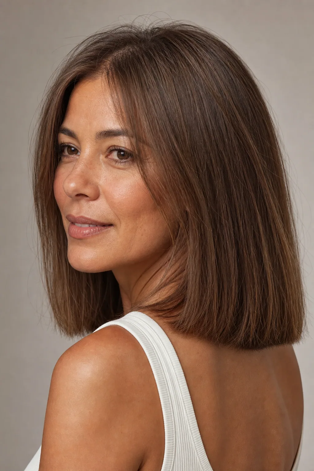 Fine hair in a shoulder-length cut with internal layers invisible at the surface and a heavy blunt perimeter, three-quarter view