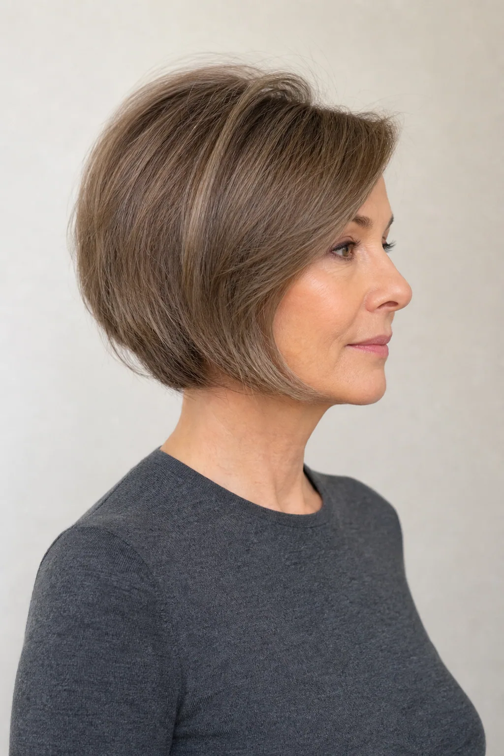 Italian bob with a lifted crown on fine ash-brown hair