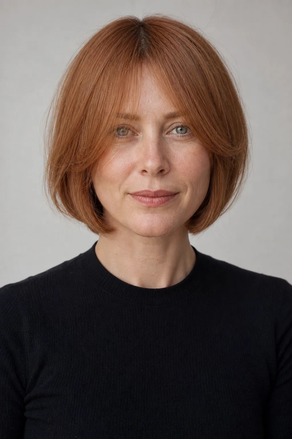 Italian bob with curtain bangs on fine auburn hair
