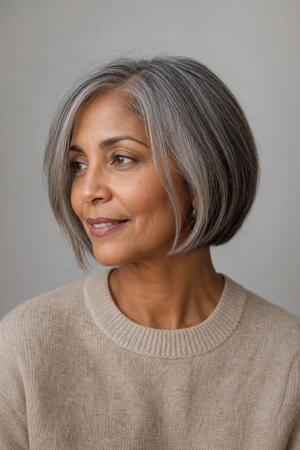 Italian bob with soft face-framing on fine salt-and-pepper hair over 60