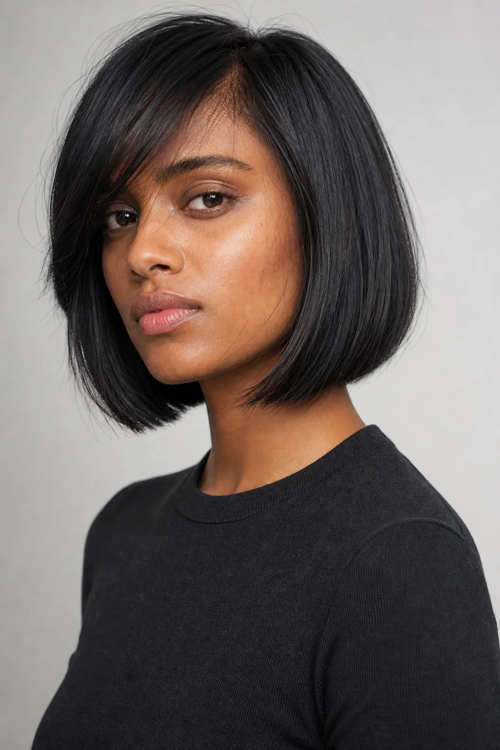 Italian bob with a soft side fringe on fine black hair