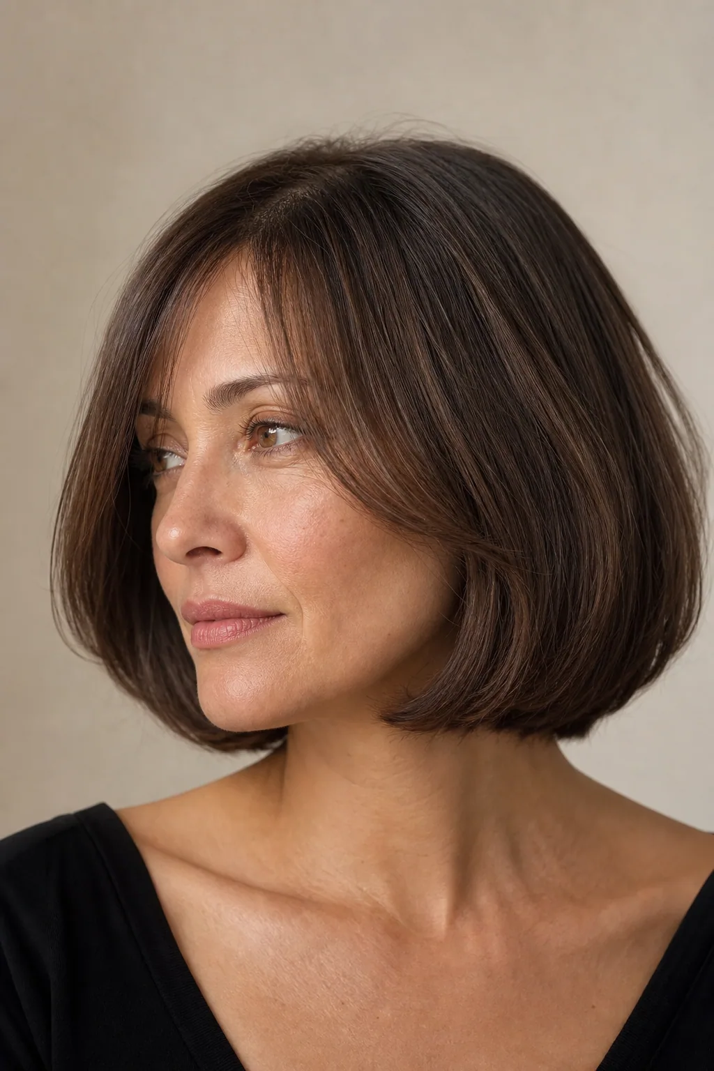 Italian bob just below the jaw with a soft rounded blow-out bend on fine hair