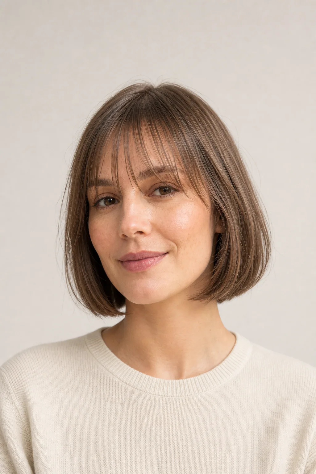 Italian bob with soft wispy bangs on fine light-brown hair