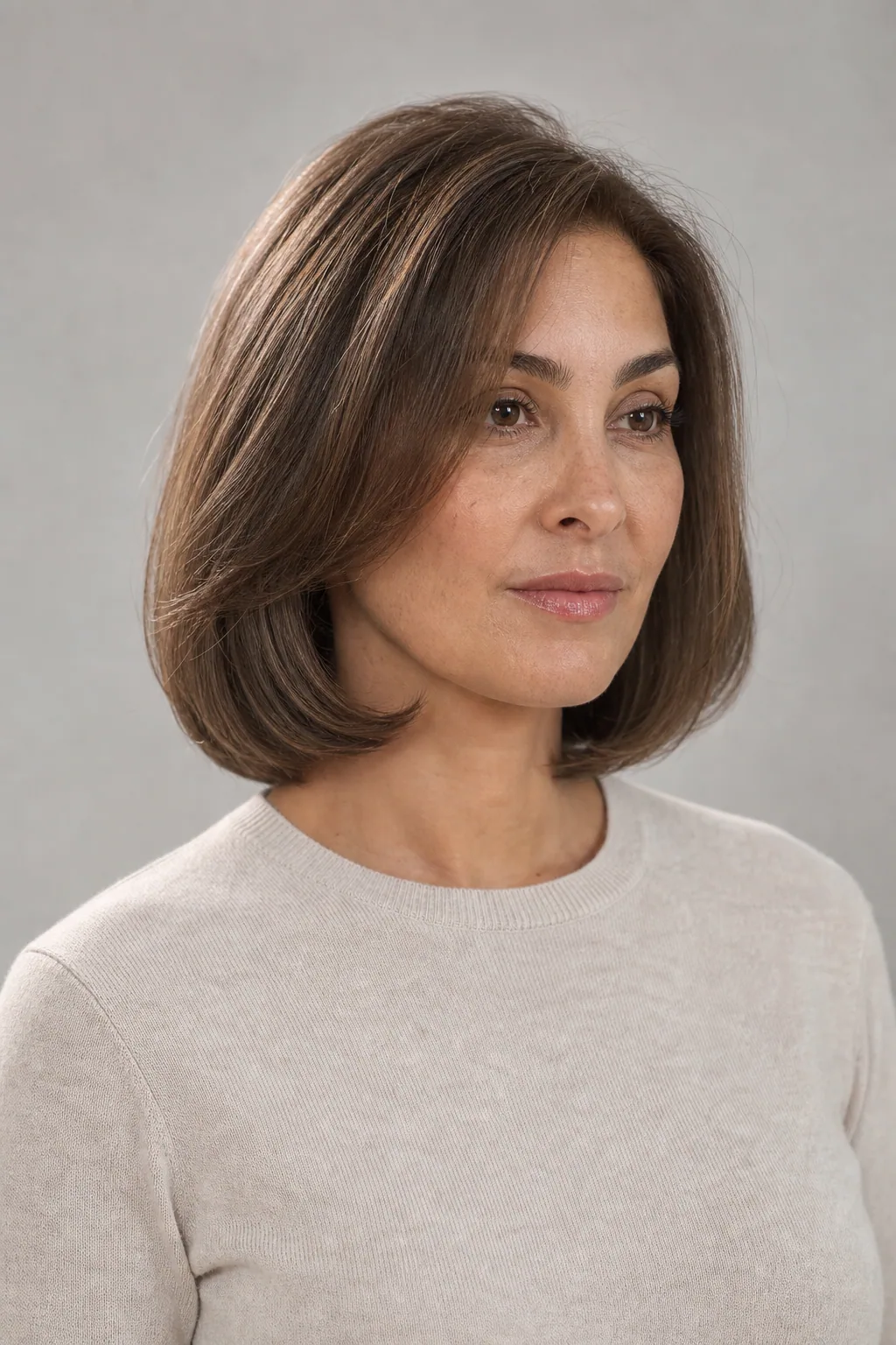 Longer Italian bob grazing the neck on fine brown hair