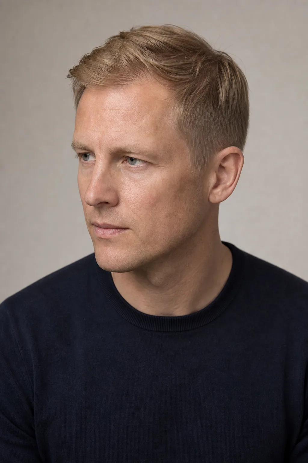 Ivy League cut with a soft side part on a man with thin sandy-blond hair