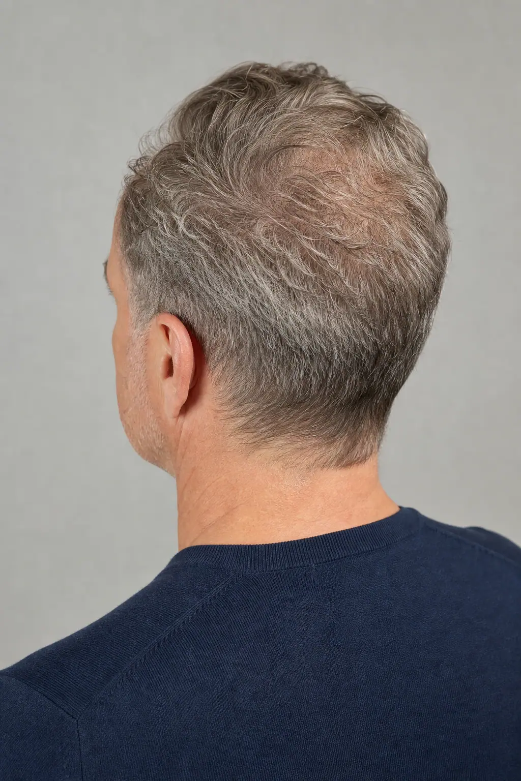 Ivy League cut with a very short crown on thinning salt-and-pepper hair