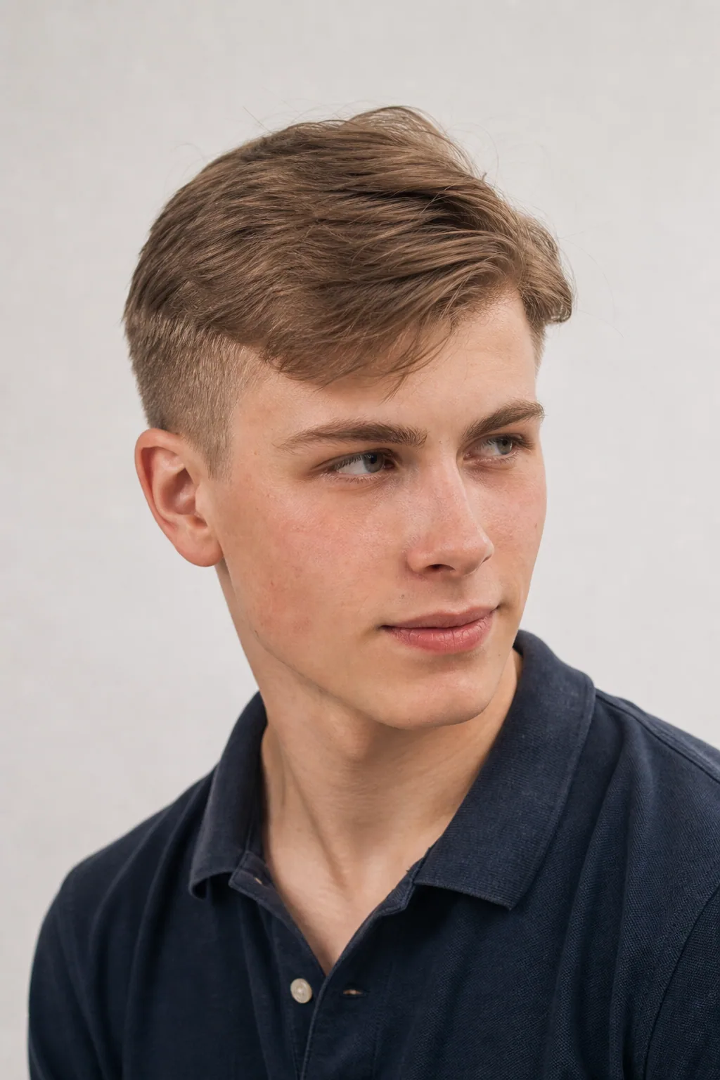 Older teenage boy with an Ivy League haircut on thin hair