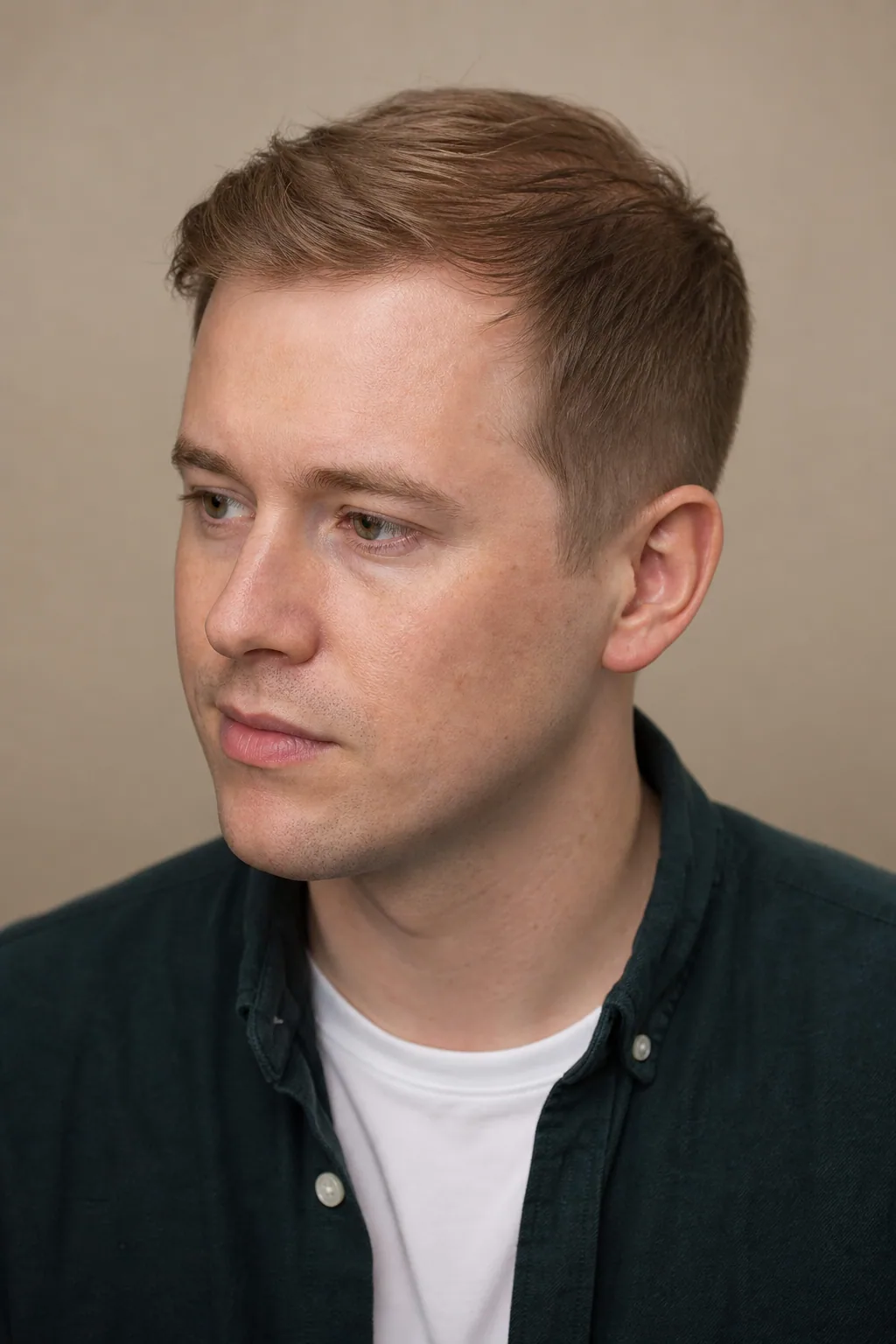 Ivy League haircut on thin light-brown hair with a soft side part