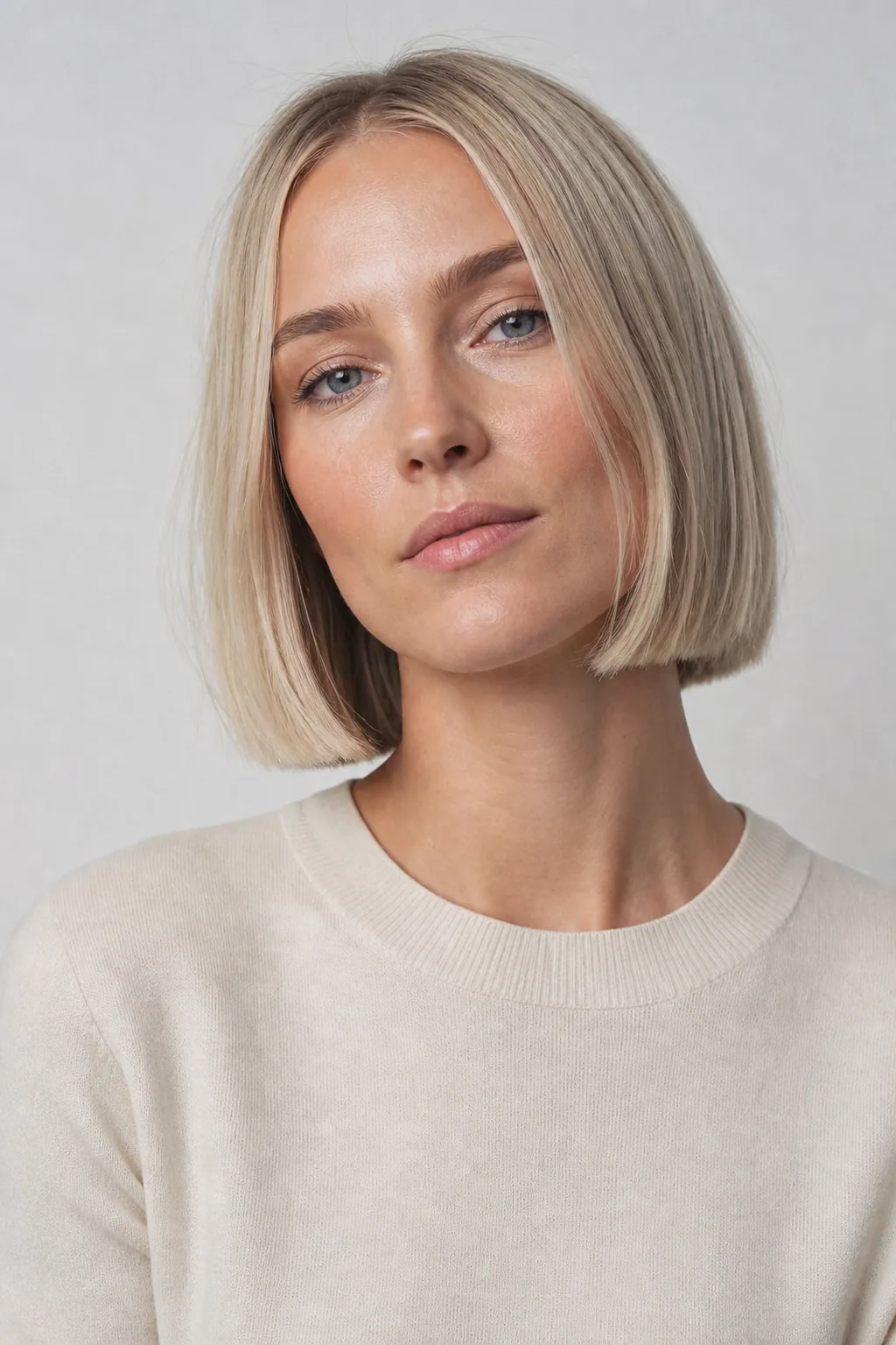 Jaw-length blunt bob with a middle part on fine ash-blond hair