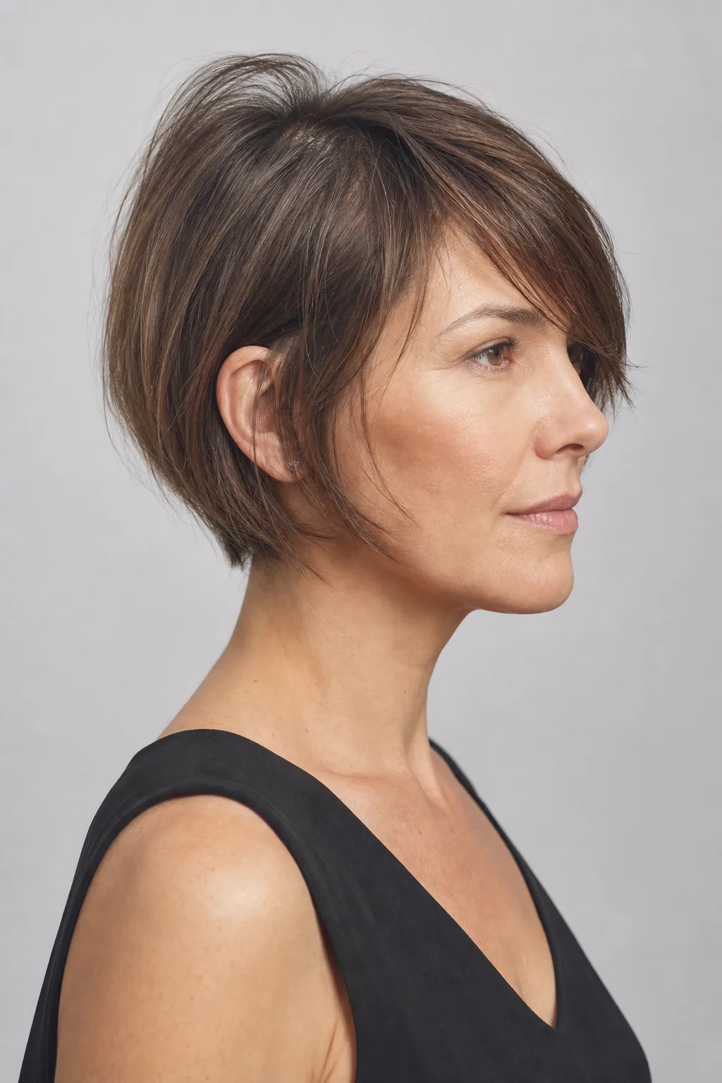 Deep side-swept fringe over a jaw-length bob on fine hair, profile showing volume at the crown