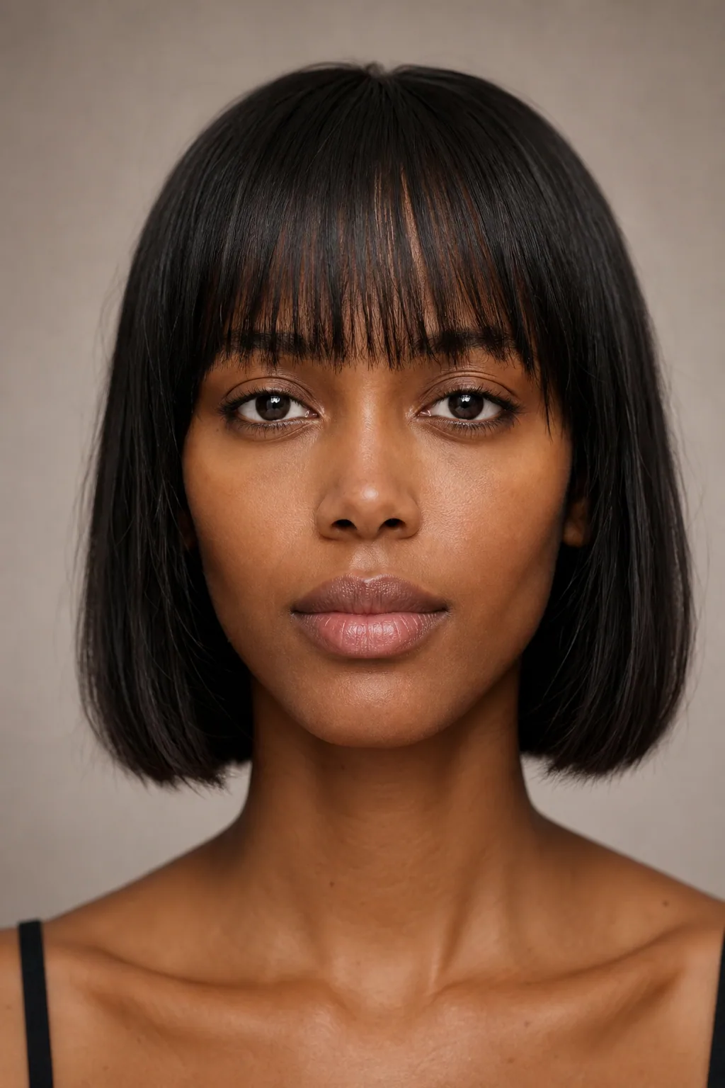 Fine hair in a jaw-length blunt bob with a heavy straight fringe on a long face, front view