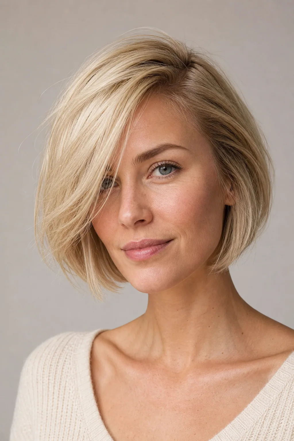 Jaw-length layered bob with a deep side part adding crown lift on fine straight blonde hair