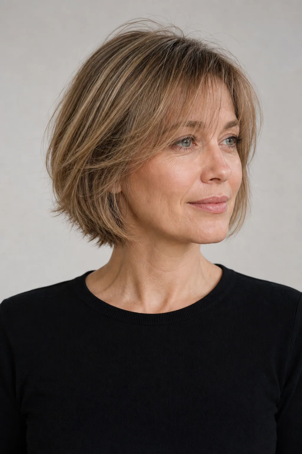 Layered bob with curtain bangs on fine dark-blond hair