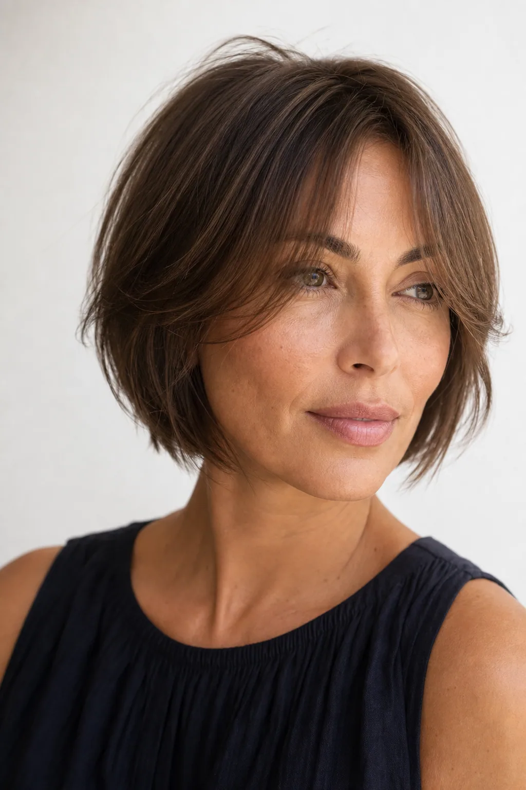 Layered bob with center-parted curtain bangs sweeping into face-framing layers on fine hair