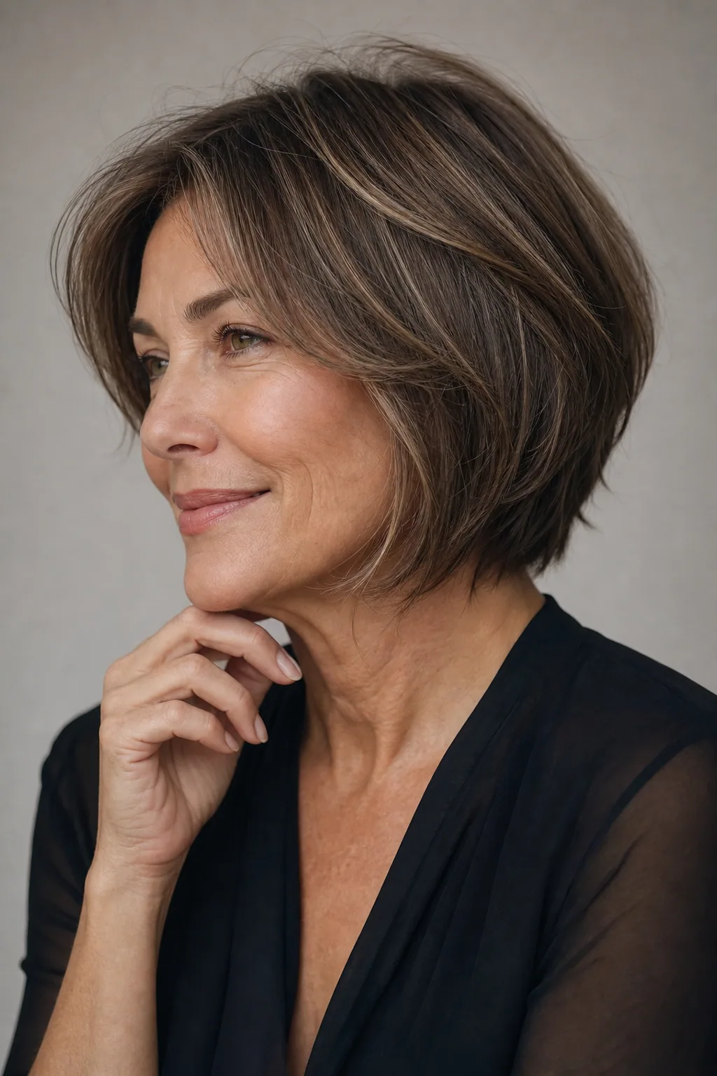 Layered bob with subtle face-framing highlights faking dimension and thickness on fine hair