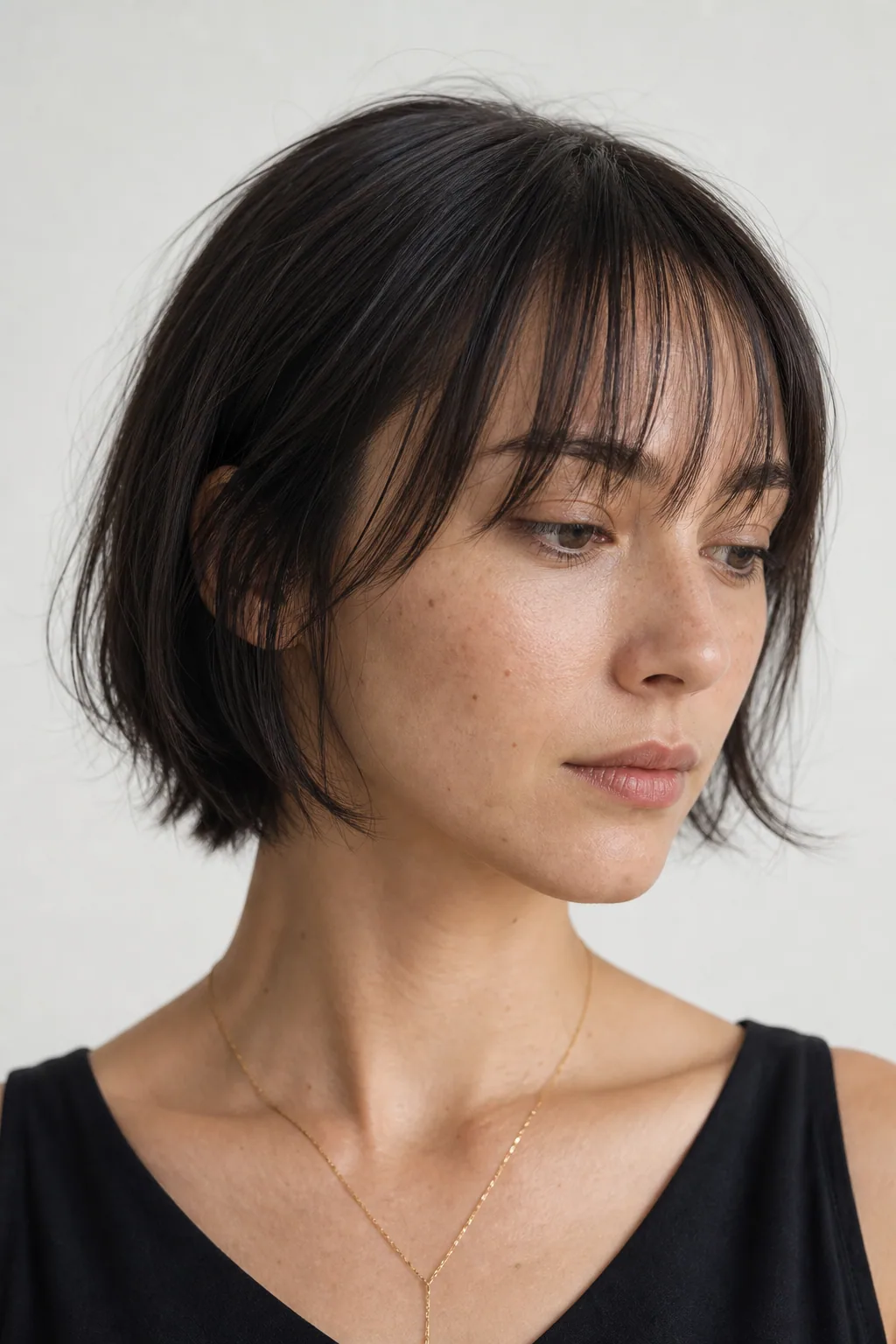 Layered bob with wispy see-through bangs softening the hairline on fine straight hair