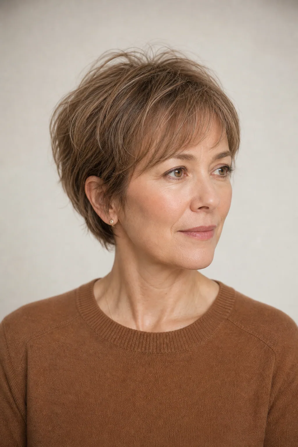 Short layered crop with a wispy fringe on fine light-brown hair