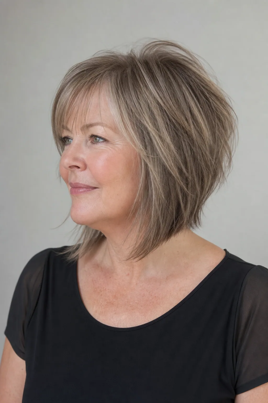 Layered lob with graduation at the back for crown height and long front pieces on fine silver-brown hair, woman with a round face