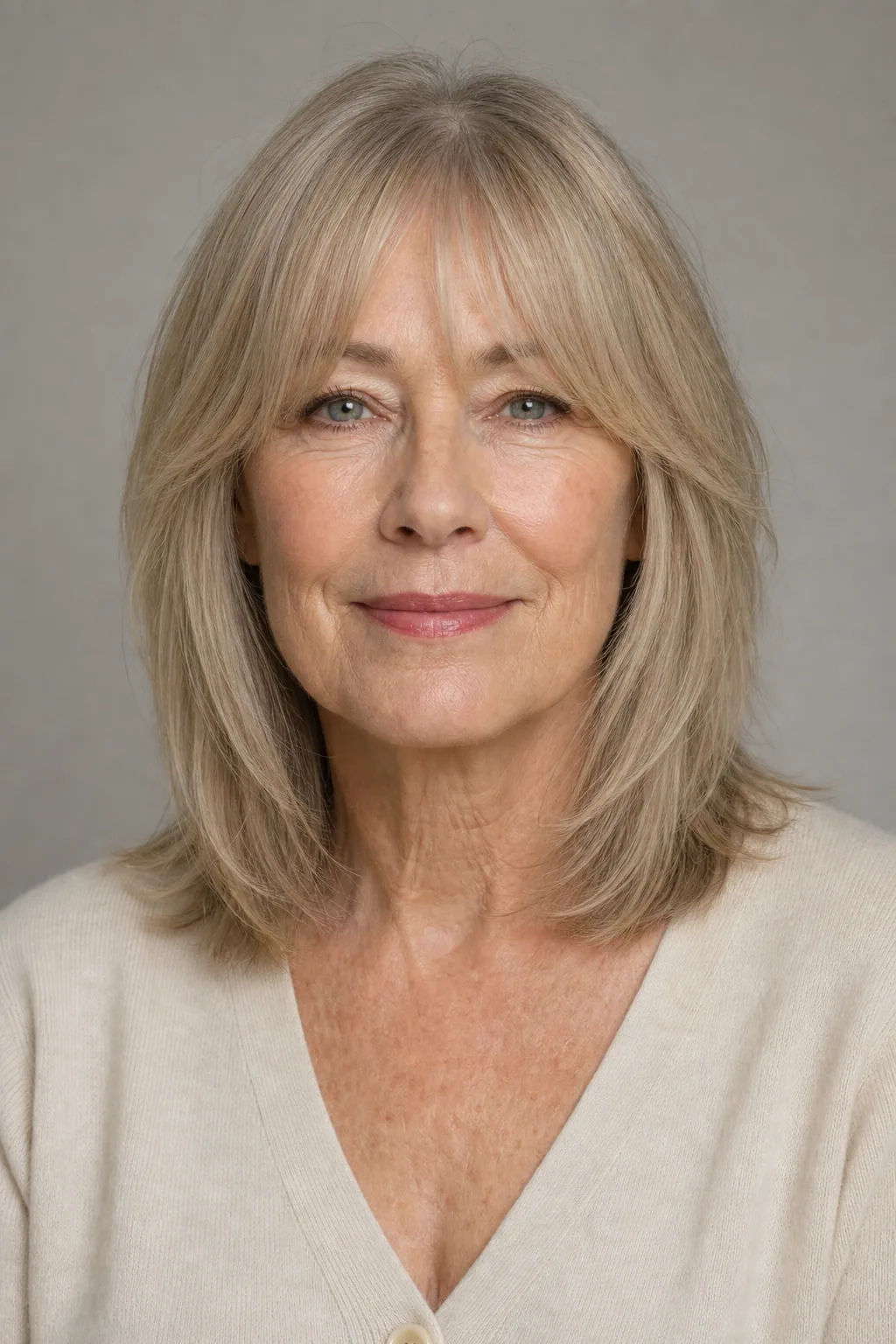 Layered lob with curtain bangs on fine thin ash-blonde hair over 60
