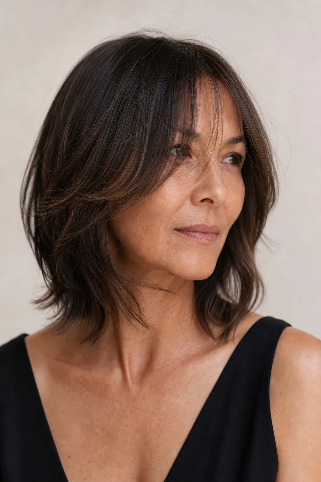 Collarbone-length layered lob with face-framing curtain bangs adding movement to fine hair