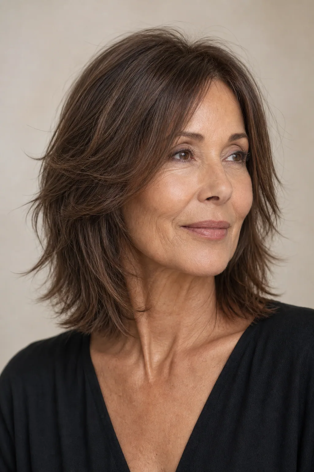 Layered medium cut with cheekbone face-framing pieces on fine thin brunette hair over 60