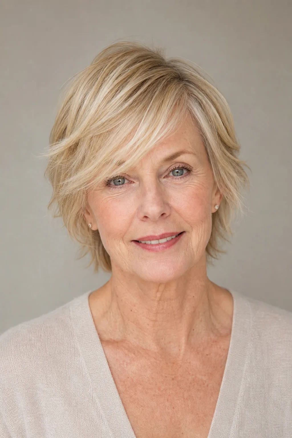 Layered pixie with a side-swept fringe on fine thin blonde hair over 60