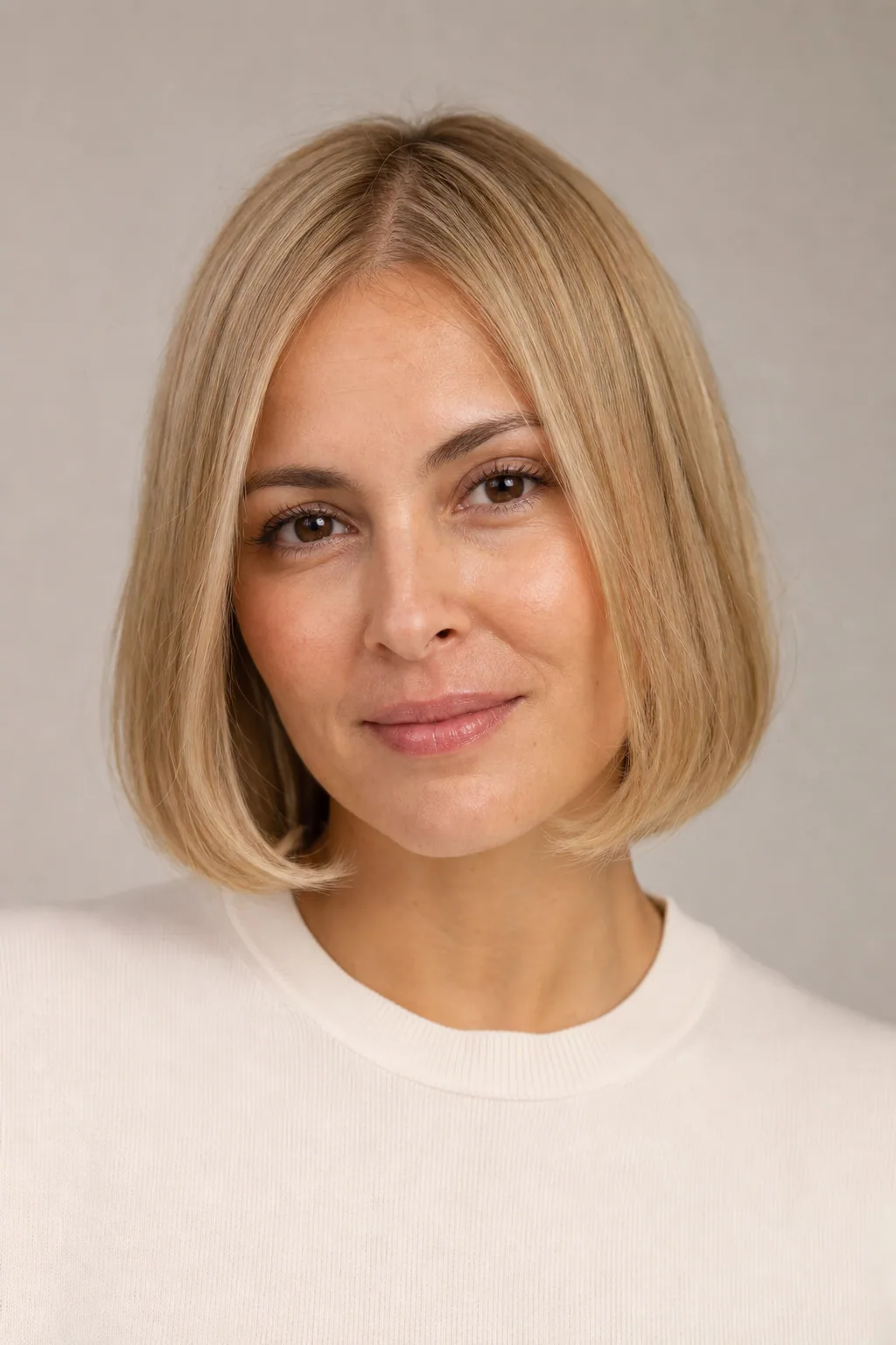 Lip-length short bob with softly bent ends on fine honey-blond hair