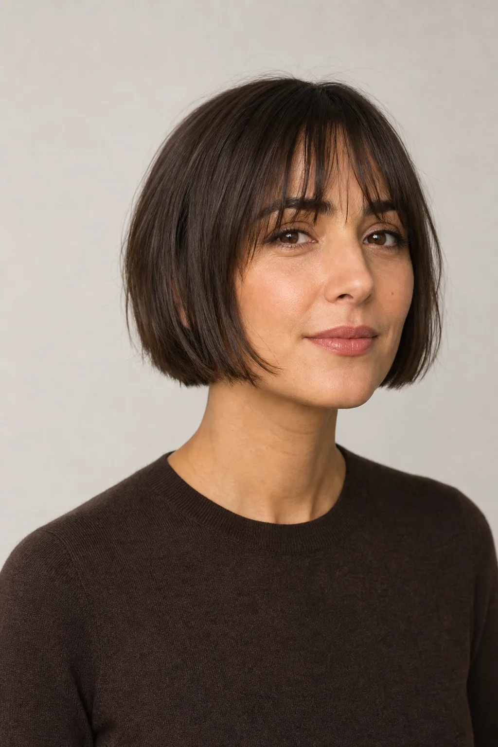 Lip-length bob with a soft piece-y fringe on fine dark-brown hair