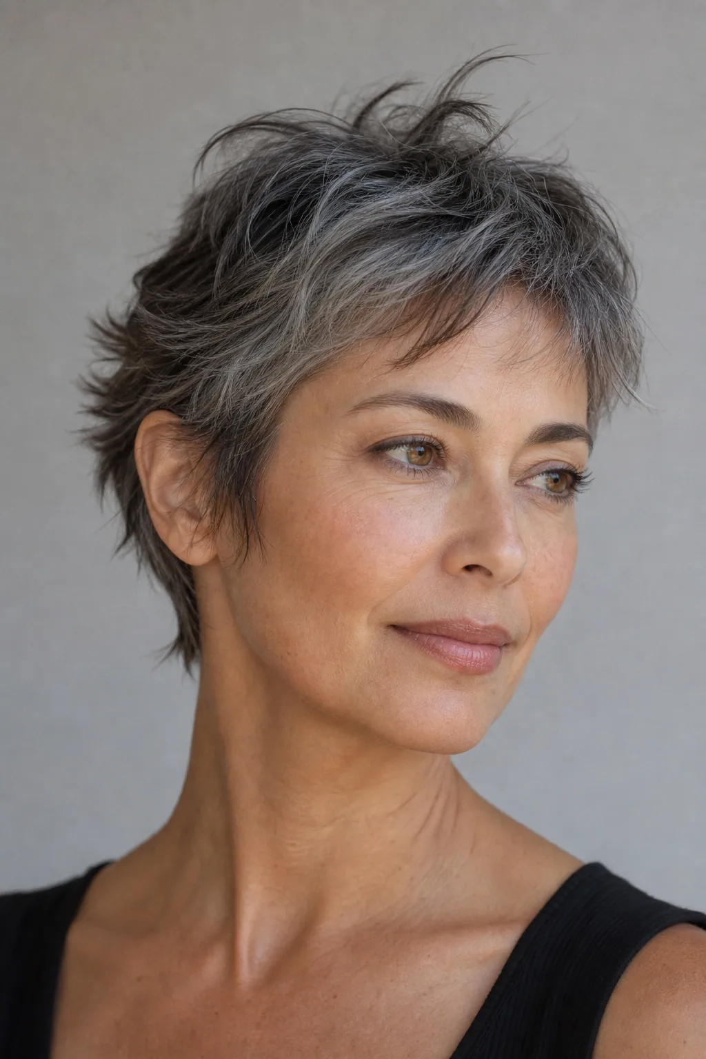 Lived-in grown-out pixie with undone forgiving texture on fine hair