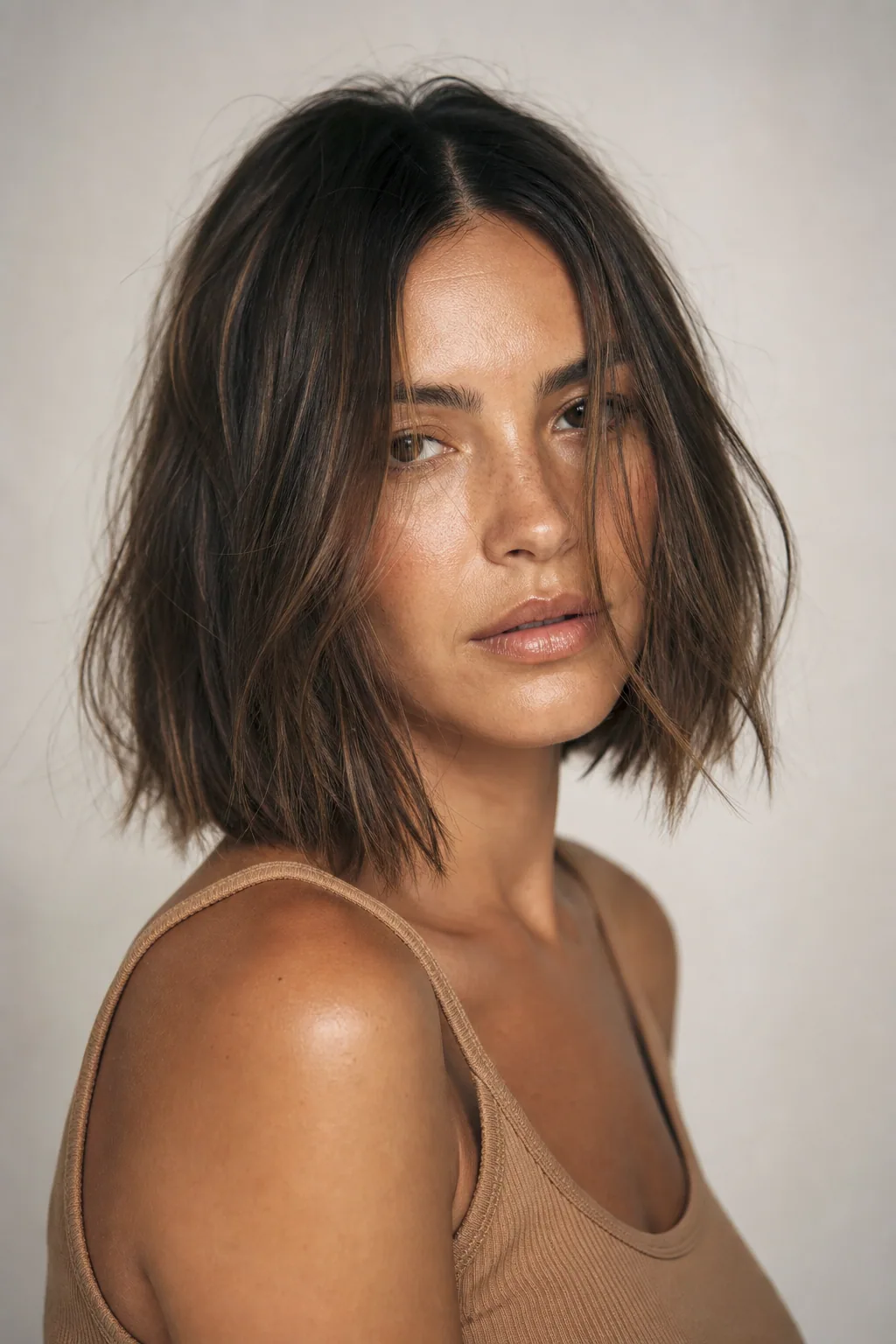 Lived-in undone lob with soft tousled texture and a center part on fine hair
